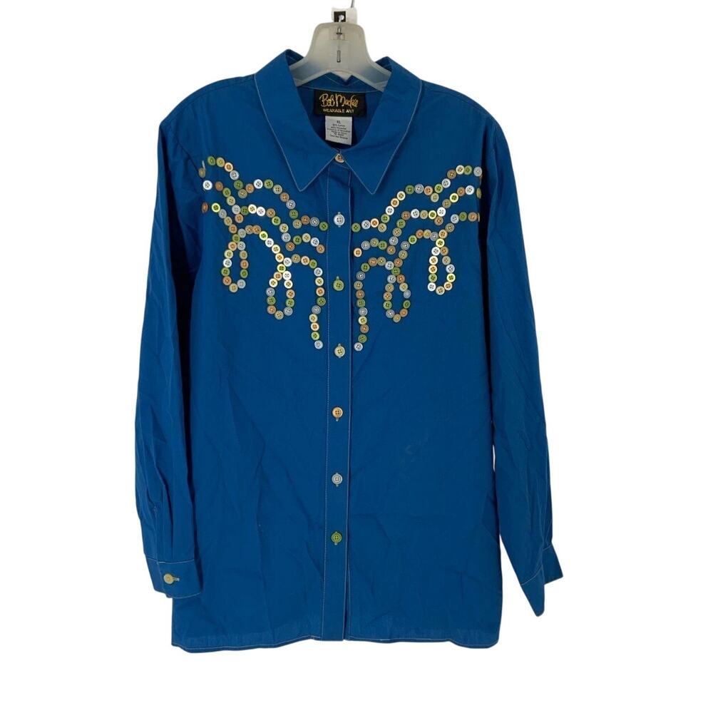 Bob Mackie Wearable Art XL Blue Beaded Button Up Shirt Embellished Western Top